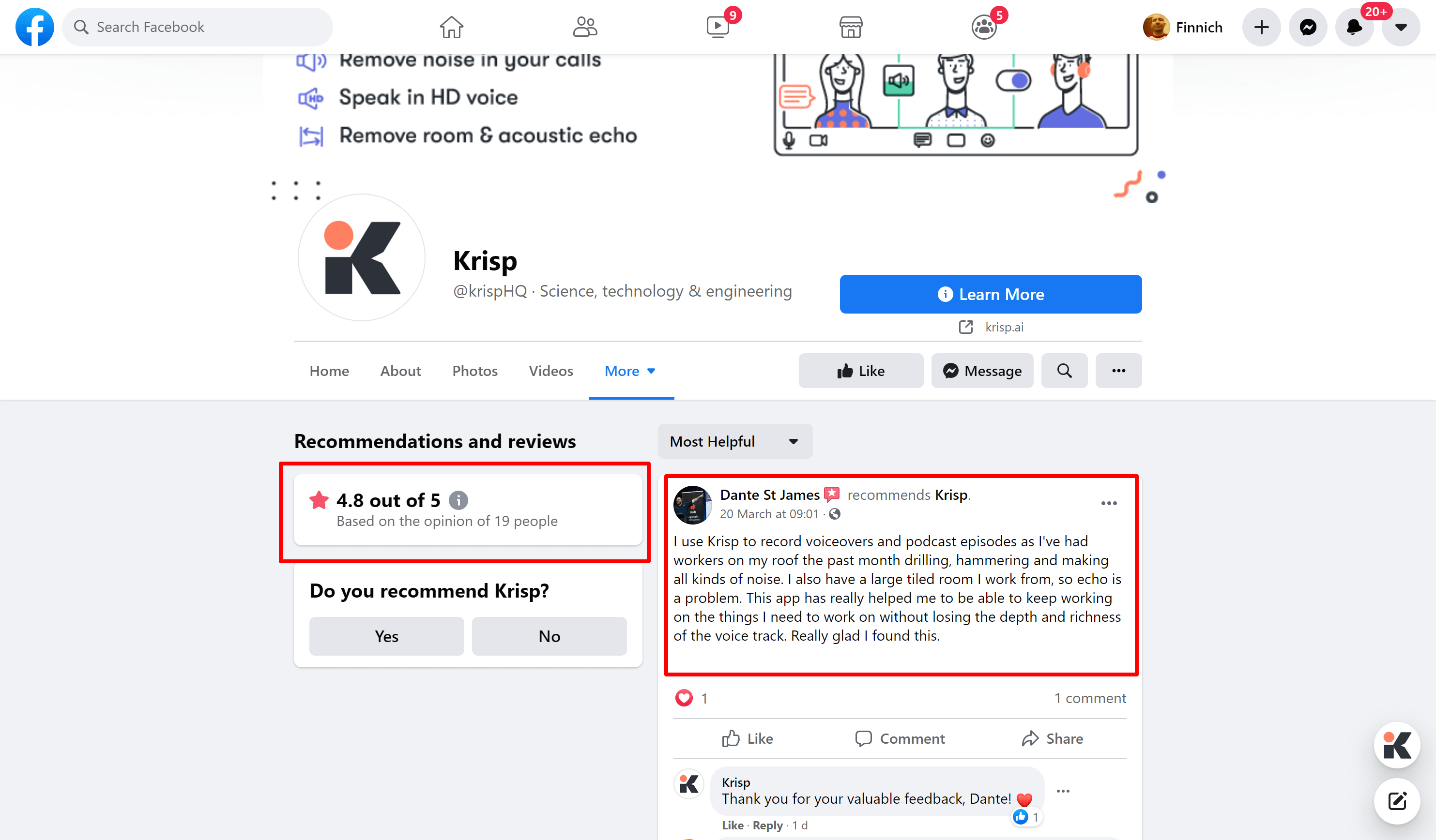 Krisp reviews on facebook