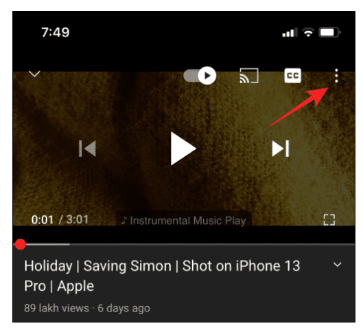 3 dots at top corner of Youtube