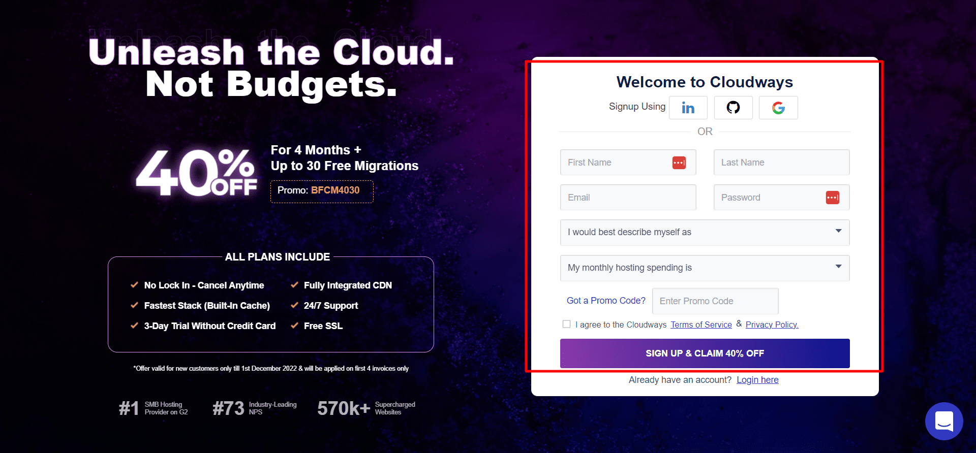 how to start cloudways free trial button